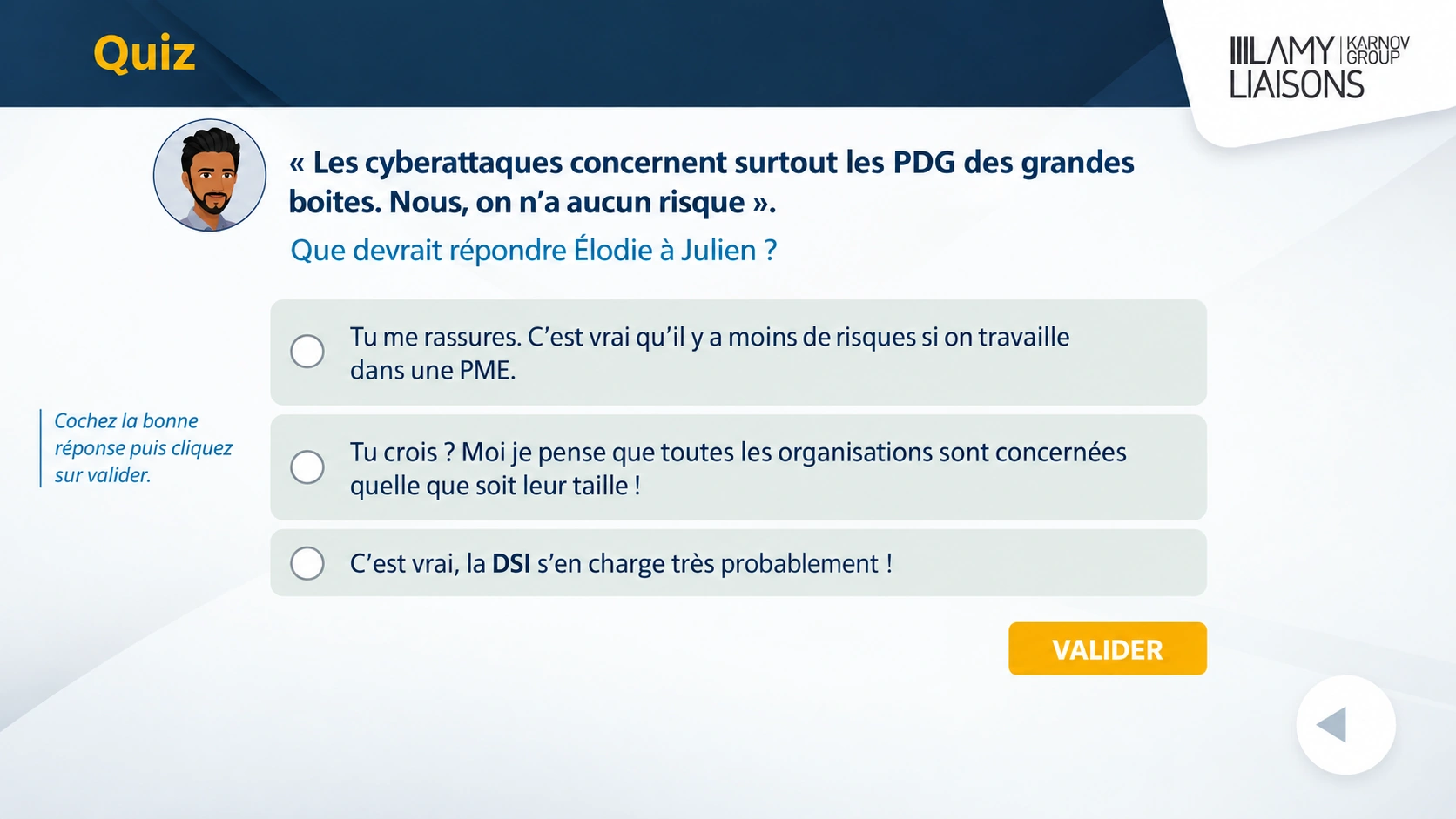Capture d'écran d'un quiz de formation e-learning sur les cyberattaques