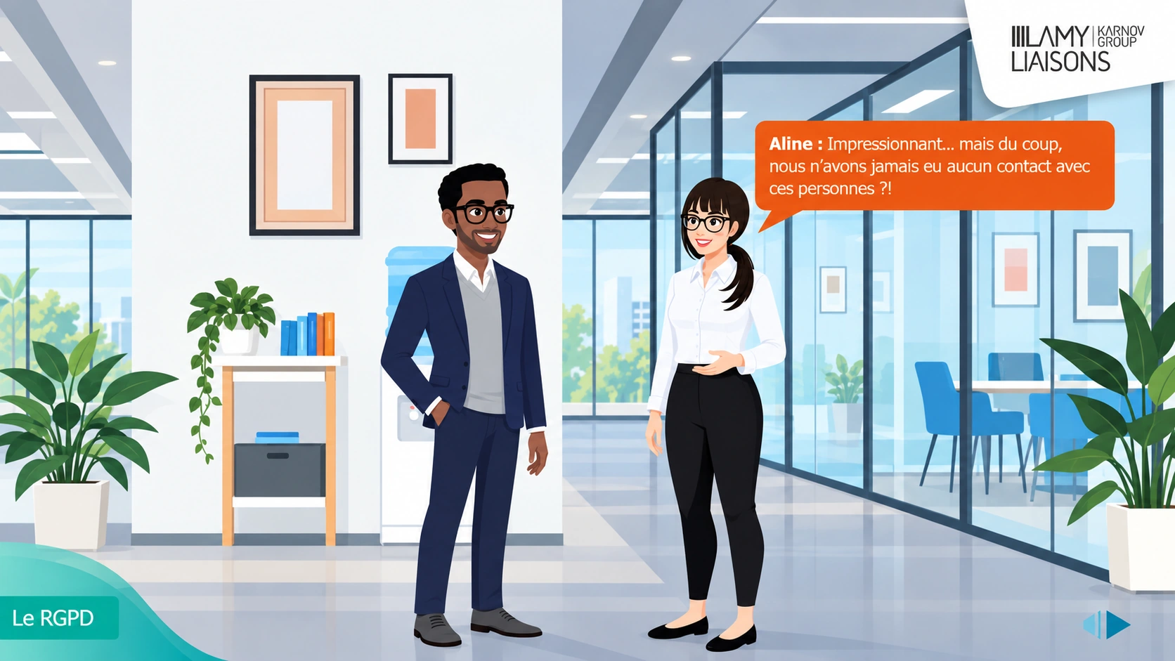 Capture d'écran d'une formation e-learning RGPD avec dialogue illustré